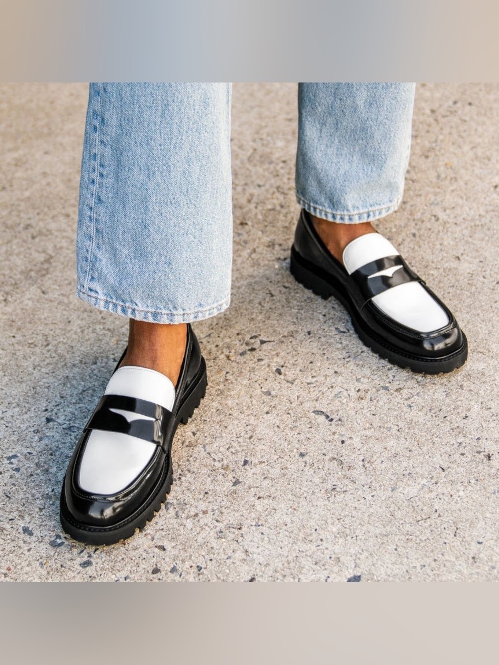 Thursday Tuxedo Penny Loafers Black & White Leather Chunky Size 9.5 Lug